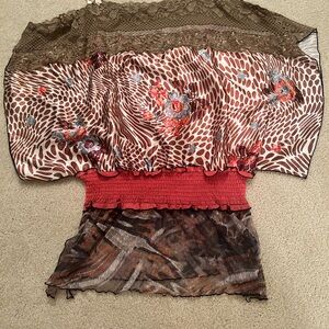 Just Living Red and White Asymmetrical Ruched Blouse